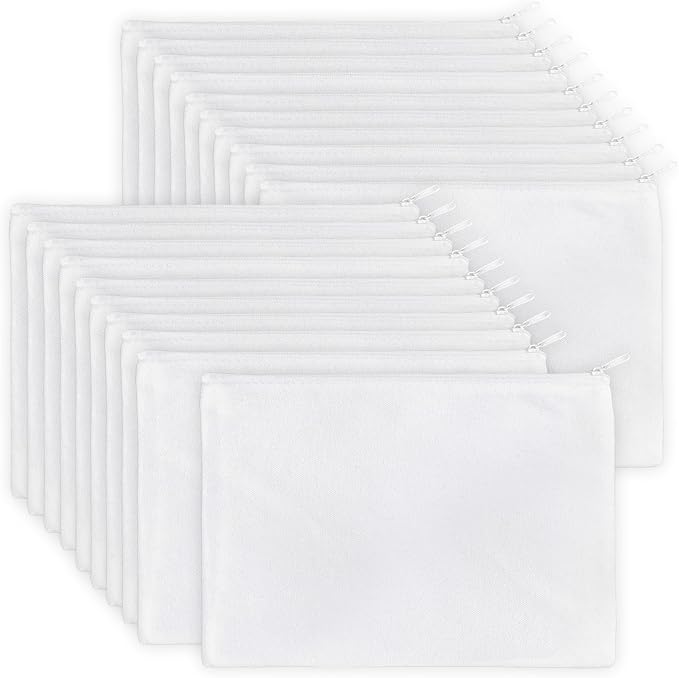 Koolmox 20 PCS Blank Canvas Makeup Bags, Bulk White Cosmetic Makeup Bags Canvas Pouch with White Zipper for Tie Dye, Embroidery, Patches, Heat Transfer Sublimation Painting DIY Customization