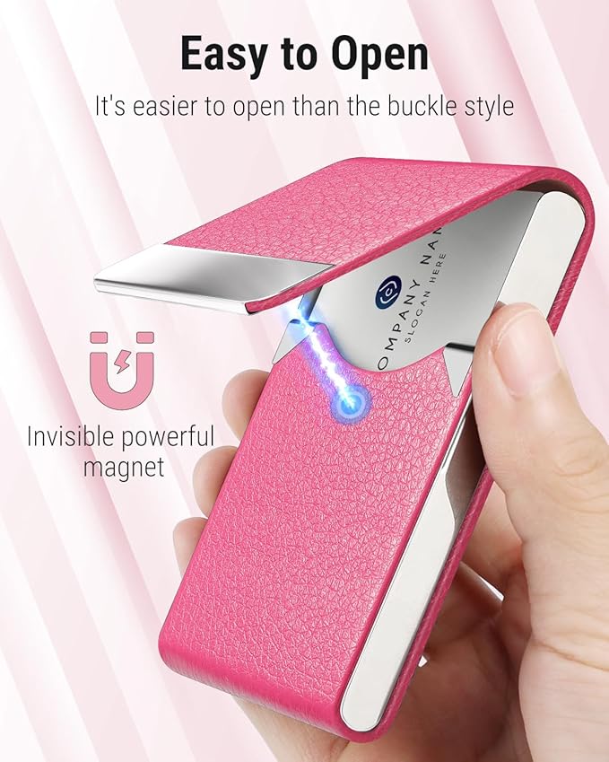 MaxGear Business Card Holder, Slim PU Leather & Stainless Steel Business Card Case for Men & Women, RFID Blocking Name Card Holder with Magnetic Closure, Rose Red