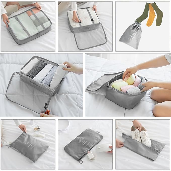 8 Pieces Mesh Packing Cubes for Travel, Luggage Packing Organizers Bags Set, Travel Essentials Suitcases Accessories with Laundry Bag, Storage Shoe Bag, Clothing Underwear Bag (Gray, 8 set)