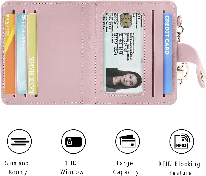 Airkit Small Wallets Woman RFID Blocking Leather Credit Card Holder - with ID Window - Card Wallets for Women - with Zipper Coin Purse - Keychain Wallet