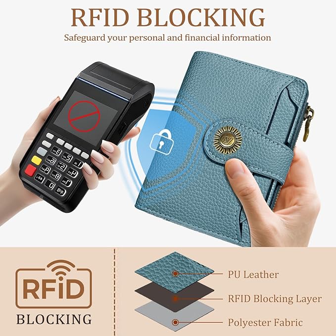Icycay Blue Small Wallet Women RFID Blocking Bifold, Credit Card Holder, Zipper Coin Pocket, PU Leather, Compact, Travel, 4 ID Window, 14 Card Slots, Cash Purse, Ladies Woman Female Girls
