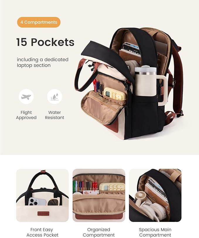 LOVEVOOK Laptop Backpack for Women - Stylish Work Backpack with Large Cup Holder, Waterproof College Teacher Backpack, Beige-Khaki, 17Inch