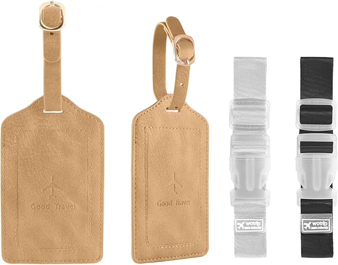 1Pack Luggage Tag, PU Leather Suitcase Tags Identifiers Privacy Cover ID Label for Travel Bag Suitcase with 2 Pack Luggage Straps for Hats, Bags and Travel Accessories(L-Light Golden)