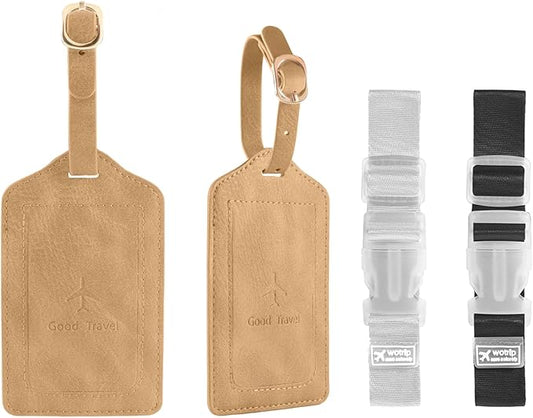 1Pack Luggage Tag, PU Leather Suitcase Tags Identifiers Privacy Cover ID Label for Travel Bag Suitcase with 2 Pack Luggage Straps for Hats, Bags and Travel Accessories(L-Light Golden)
