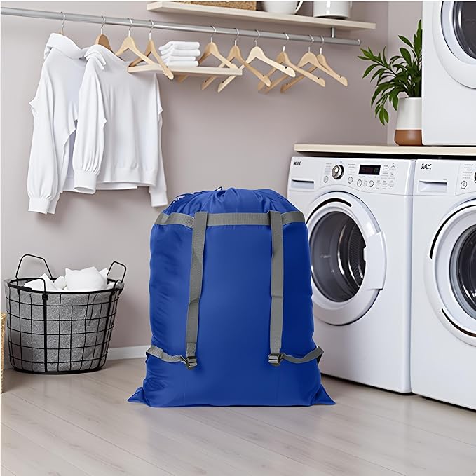 2 Pack Laundry Bag Backpack, 27” x 34”Sturdy Laundry Bag with Shoulder Straps Drawstring Closure Heavy Duty Foldable Laundry Backpack for College, Travel, Laundromat, Apartment (Blue)