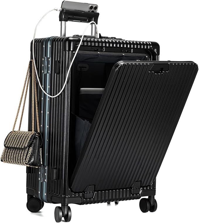 feilario Aluminium Frame PC Hard Shell Spinner Wheels Luggage,20.8"X15"X8.7 Airline Approved Built-In TSA lock Carry on Suitcase, with Cup Holder, USB Port, Phone Holder