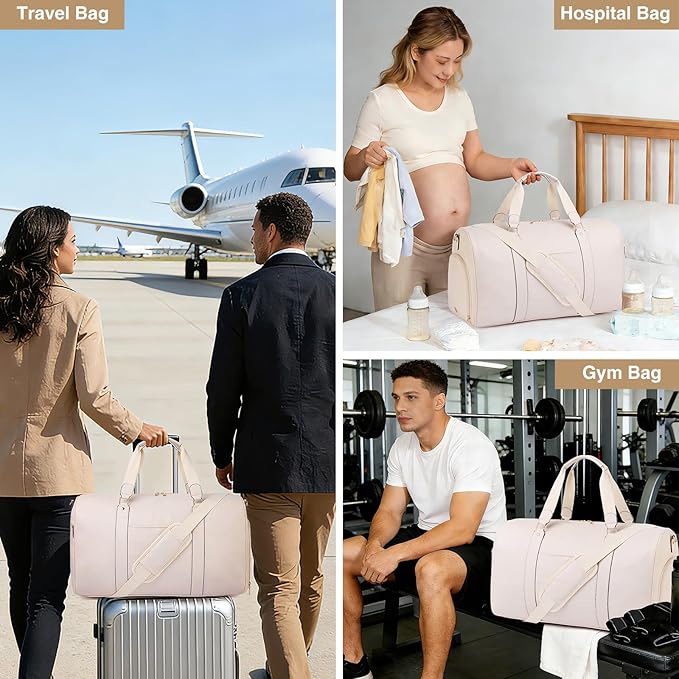 Large 3-in-1 Leather Duffle Bag for Travel Weekender Overnight Hospital Gym Bag for Men & Women, Carry On Airline Approved Personal Item Duffel Garment Bag Luggage with Shoe Compartment & Toiletry Bag