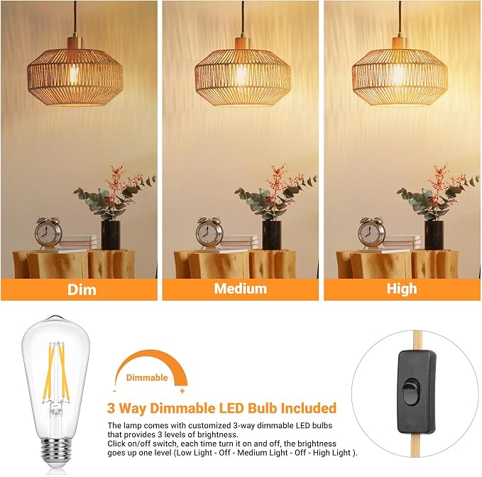 Qingmiao Boho Plug in Pendant Light, Handwoven Shade, 3 Way Bulb, 14ft Cord | Rattan Hanging Lamp Plug in, Dimmable Hanging Light Fixture for Living Room Bedroom Kitchen Ceiling Farmhouse Home Decor