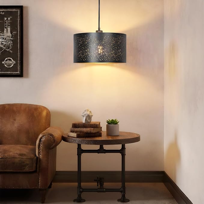 Qingmiao Boho Plug in Pendant Light, Black Shade, 3 Way Bulb, 14ft Cord | Hanging Lamp Plug in, 3-Way Dimmable Hanging Light Fixture for Living Room Bedroom Kitchen Ceiling Home Decor