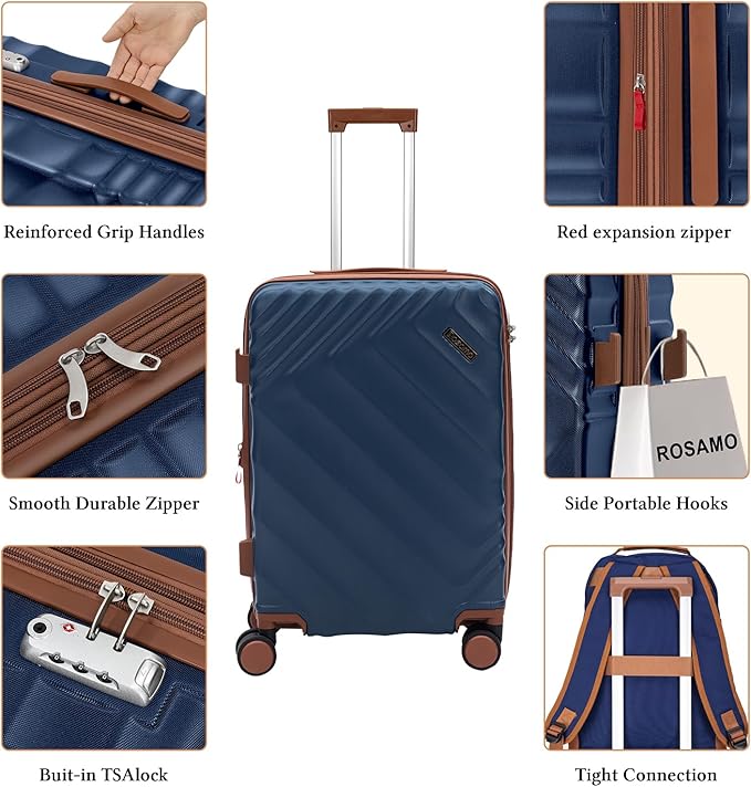 3 piece Luggage Set Expandable Suitcase 22x14x9 Airline Approved Carry on, ABS Hard Case Suitcases with Spinner Wheels, TSA Lock, (DarkBlue, 3 Piece Sets(20/BP/TB))