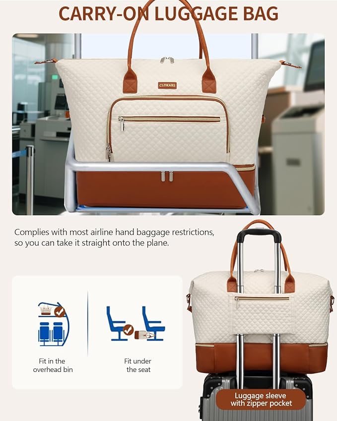 Weekender Bags for Women, Travel Tote Duffle Bag Carry On Overnight Bag with Cosmetics Bag and Crossbody Purse for Gym Hospital, Gifts for Women, Beige Brown