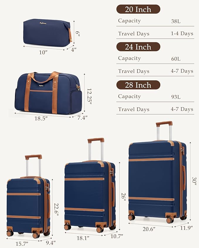LONG VACATION Luggage Sets 5 Piece, Suitcases With Wheels, PC+ABS Hardshell Luggage Set with Spinner Wheels, TSA Lock (Navy Brown)