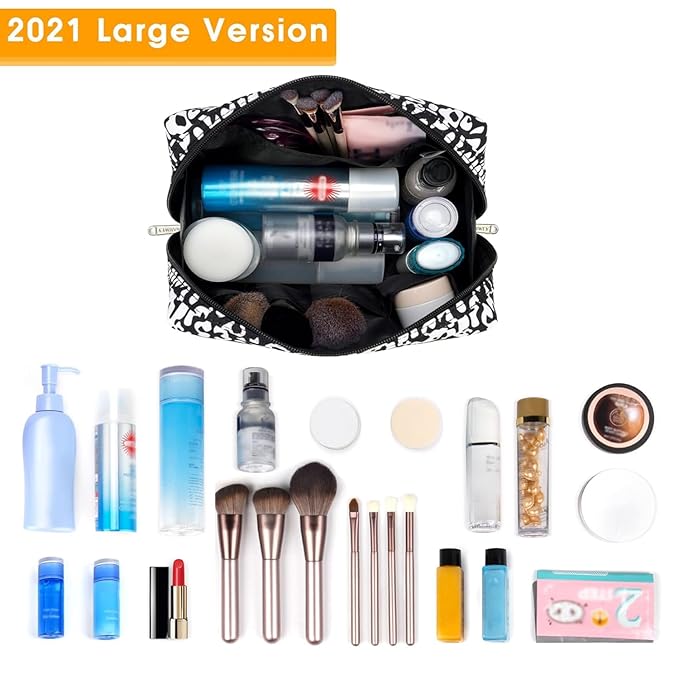 Narwey Cute Cheetah Makeup Bag Travel Cosmetic Bag Organizer Toiletry Bag Make Up Bags with Compartments for Women (Large, Black Leopard-1)