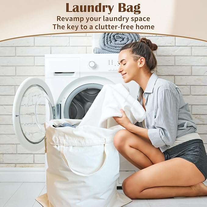 Canvas Laundry Bag with Handles & Drawstring Closure 27.5”Wx35"H, Thick Laundry Bag Large Heavy Duty Washable Dirty Clothes Travel Sack for Camp, College Dorm, Laundromat (Beige L, 2 Pack)