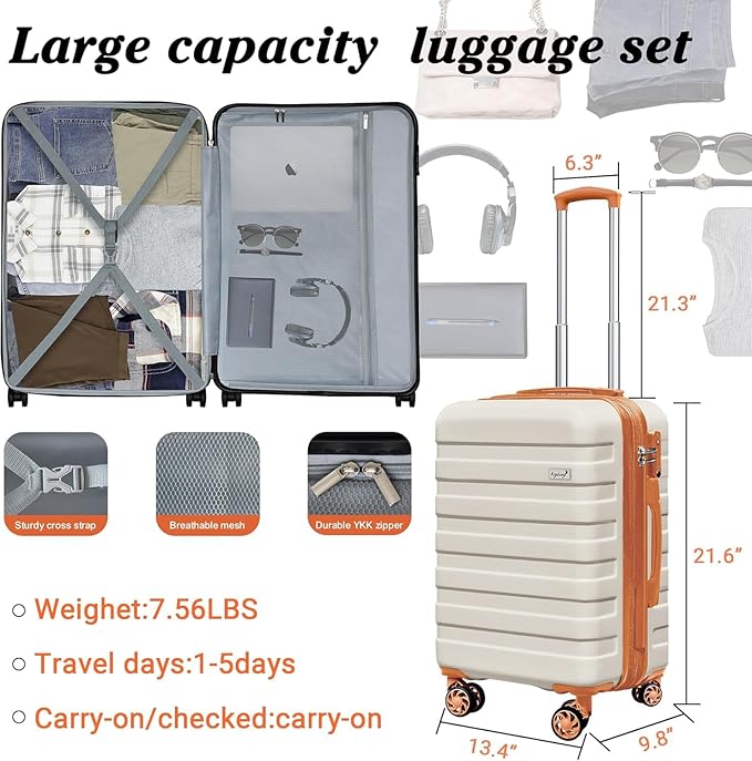 Zebra 20" Expandable Carry-On, Lightweight Hardshell Suitcase with Spinner Wheels,White Brown