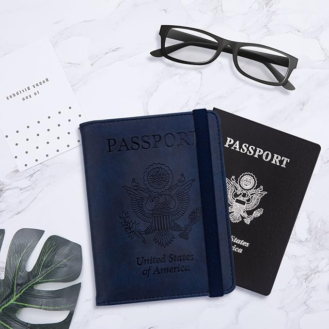 WALNEW Passport Holder for Travel, RFID Passport Cover Wallet for Women Men, PU Leather Passport Book Card Holder Case with Pen (Elastic Band Closure, A-Navy Blue)