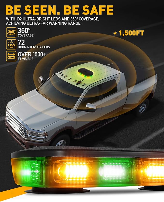 HLauto 700A Rooftop Emergency Strobe Lights Bar, 72 LED Amber Green Mini Beacon Safety Flashing Warning Traffic Lights Bar w/Magnetic Base for 12-24V Trucks, Construction Vehicles, Snowplow, Cars