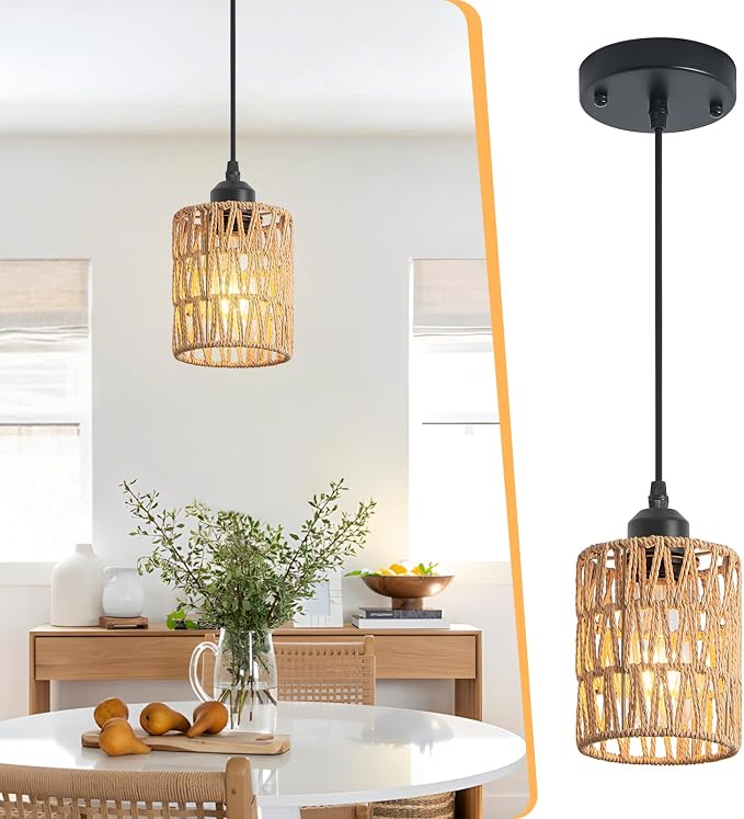 Boho Rattan Pendant Light for Kitchen Island Round Hanging Lamp | Handwoven Rattan Shade Adjustable Height 10-57 Inch E26 Base Farmhouse Chandeliers for Kitchen Islands And Dining Rooms