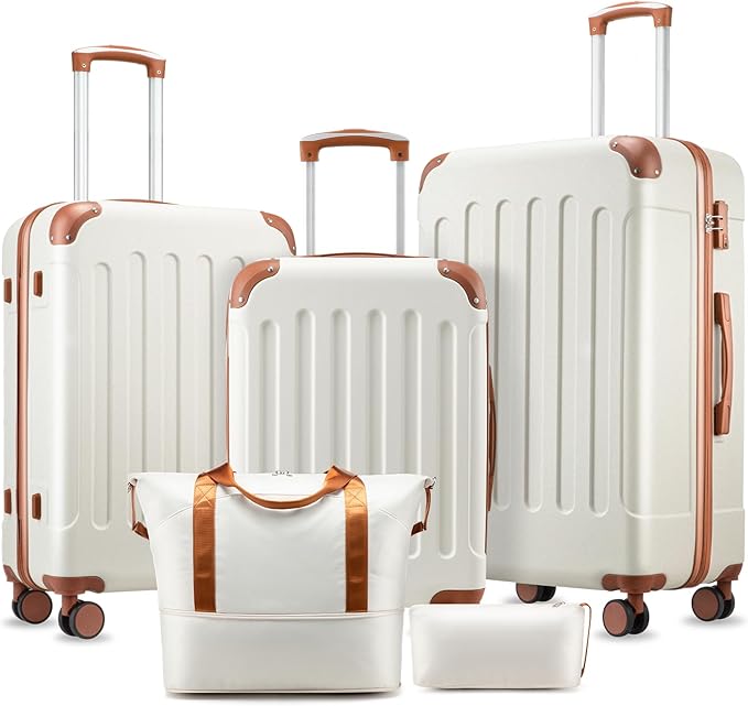 Luggage Sets 5 Piece, Hardside Suitcase with Wheels, TSA Approved, White Brown
