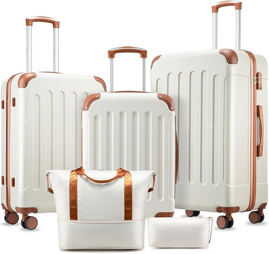 Luggage Sets 5 Piece, Hardside Suitcase with Wheels, TSA Approved, White Brown