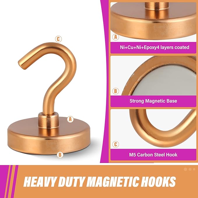 Neosmuk Magnetic Hooks Heavy Duty,Strong Magnet with Hook for Fridge, Super Neodymium Extra Strength Industrial Hooks for Hanging, Magnetic Hanger for Toolbox, Cruise, Grill(Bronze,6 Pack)