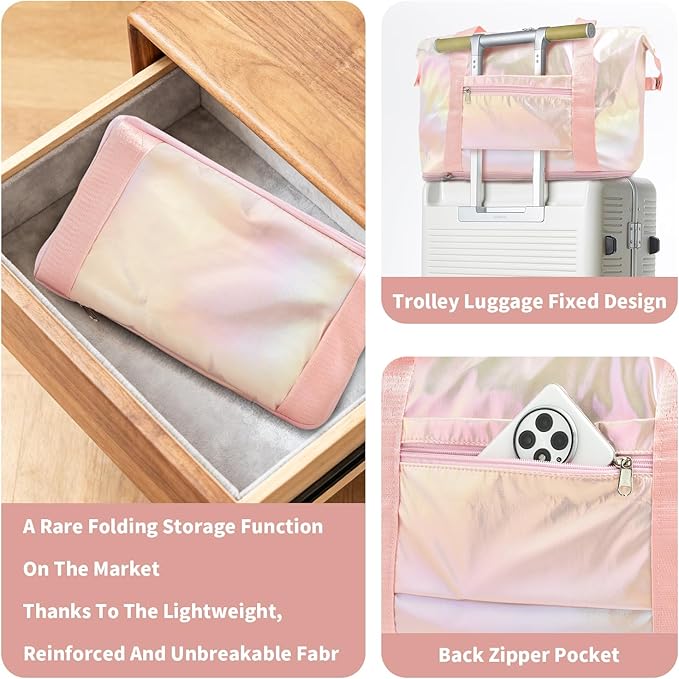 IwIeIaIrI Weekender Overnight Bags for Women Men,Waterproof Lightweight Foldable Gym Duffel Dance Bag for Girls Kids Women Weekend Travel with Laser Color (Pink)