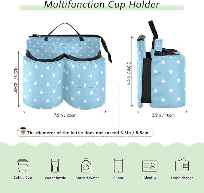 Luggage Cup Holder for Suitcases Free Hands Travel Cup Holder Portable Suitcase Cup Drink Holder Luggage Cup Caddy Bag Carrier Polka Dots Blue