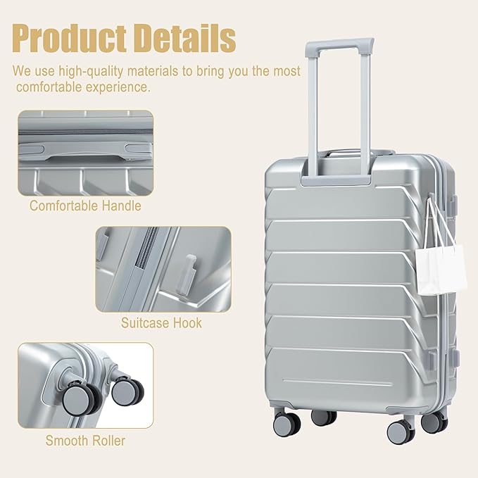 28 Inch Checked-Large Luggage, Lightweight ABS Hard Shell Suitcase with Spinner Wheels, Expandable Travel Luggage with Combination Lock & Side Hooks for Men Women (Silver, 28)