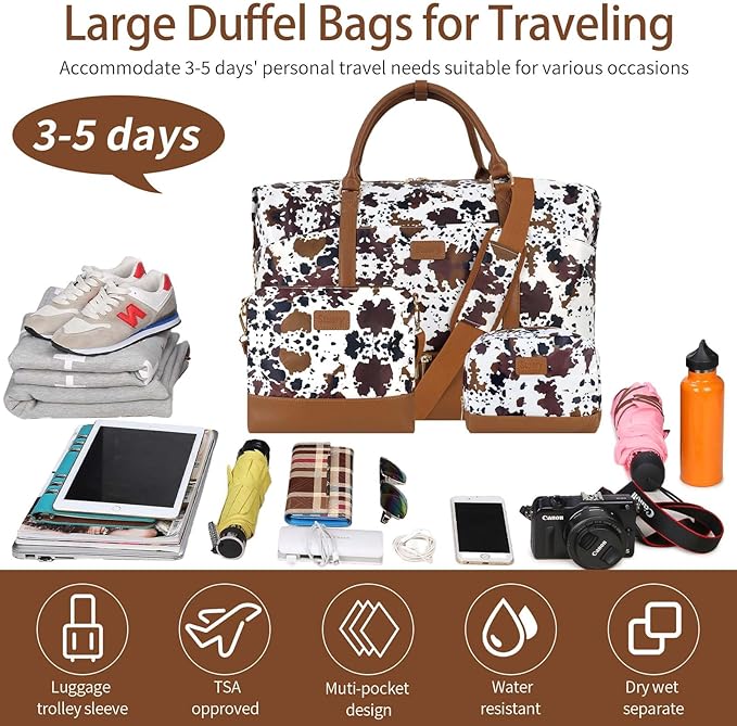 Weekender Bag, Large Travel Duffel Bag for Women, Carry on Overnight Bag with Shoe Compartment and Toiletry Bags