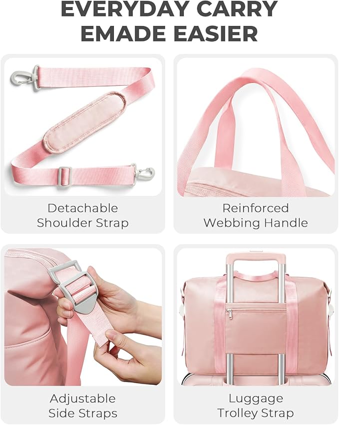 Percover Weekender Travel Duffel Bag for Women, Lightweight Soft-Structure 33L Carry-On, Water-Resistant Nylon with Shoulder Strap & Trolley Sleeve, Personal Item Friendly, Blush Pink