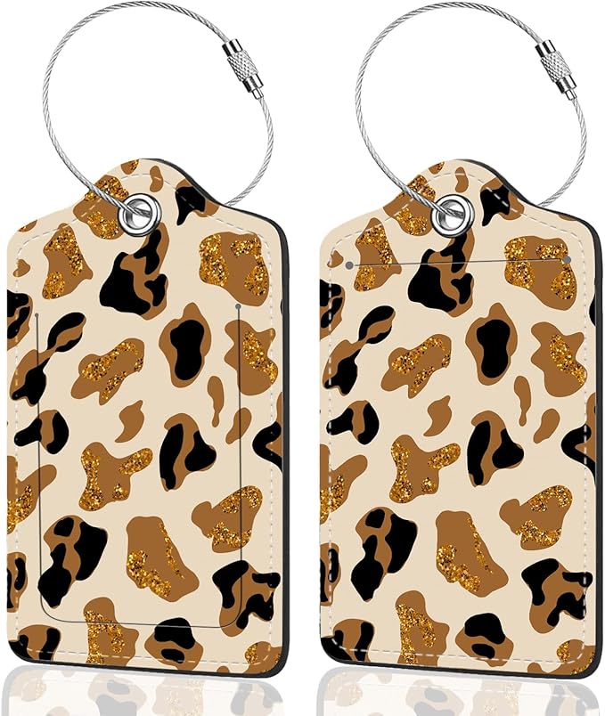 2Pack Luggage Tags for Suitcases, Cute Unique Pu Leather Cruise Luggage Tag with Privacy Cover ID Label Address Card and Metal Ring Suitable for Women Men Kids Travel Bag Brown Leopard Print