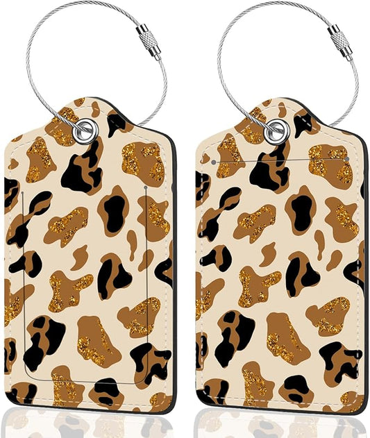 2Pack Luggage Tags for Suitcases, Cute Unique Pu Leather Cruise Luggage Tag with Privacy Cover ID Label Address Card and Metal Ring Suitable for Women Men Kids Travel Bag Brown Leopard Print