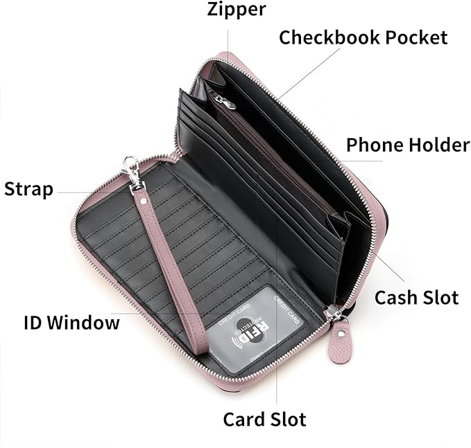 Moflycom Womens Wallet RFID Blocking Genuine Leather Multi Credit Card Large Capacity Zip Around Clutch Travel Purse Wristlet