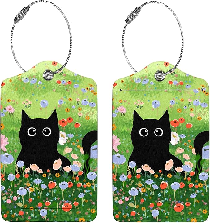 2 Pcs Luggage Tags for Suitcase, Cute Unique PU Leather Travel Bag Tag with Privacy Cover ID Label Address Card and Durable Metal Ring Suitable for Men Women Children Backpack,Black Cat On The Grass