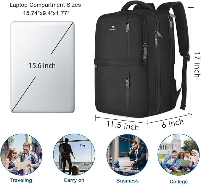 MATEIN Travel Laptop Backpack, Flight Approved Carry on Backpack Shoe Compartment, Large Personal Item Bag Fits 15.6 inch Laptop, Water Resistant Luggage Overnight Weekender Bag, Black