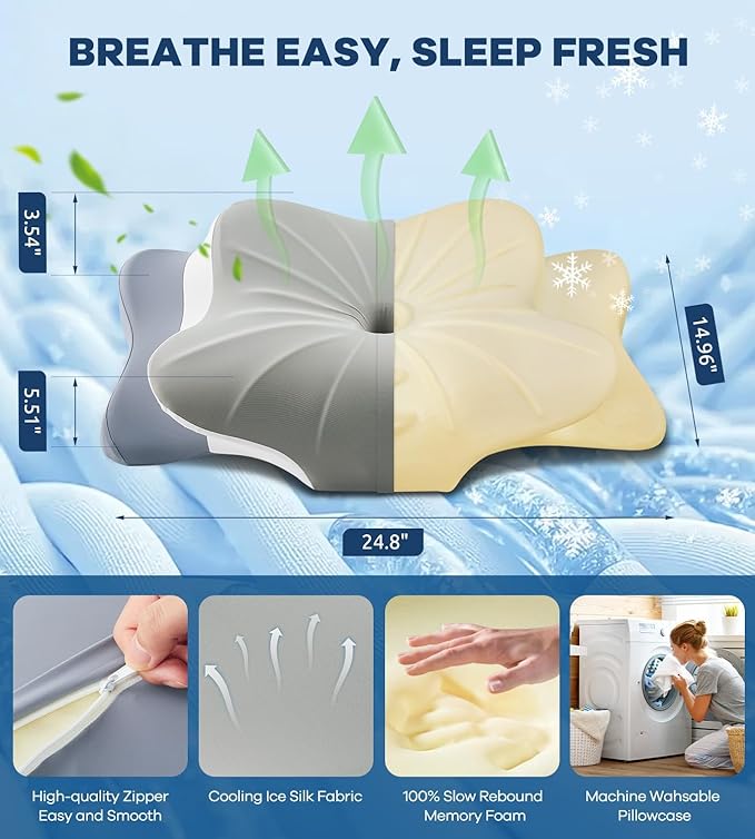 DONAMA Cervical Pillow for Neck and Shoulder Pain Relief, Cooling Contour Memory Foam Pillow, Dual-Height Ergonomic Neck Support Pillow for Side Back Stomach Sleepers with Removable Pillowcase