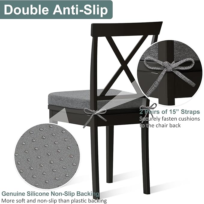 Shinnwa Kitchen Chair Cushions, Patented Design Molded Memory Foam Dining Chair Pads with Ties and Washable Cover, 17" x 16" x 2", Dark Grey