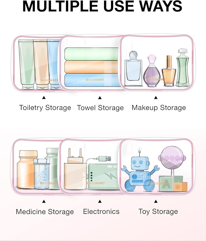 BAGSMART Clear Toiletry Bag, 2 Pack TSA Approved Carry on Travel Accessories Bag Airport Airline Quart Size Bags Water Repellent Makeup Cosmetic Bag for Women (Pink-2pcs)