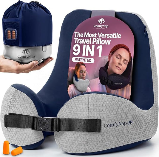 ComfyNap® Versatile Travel Neck Pillow for Airplane [Patented], 9 Positions in 3 Techniques, Plane Pillow with Pure Memory Foam, Travel Pillow with HeadRest Flight Sleep, Travel Essential - Earth