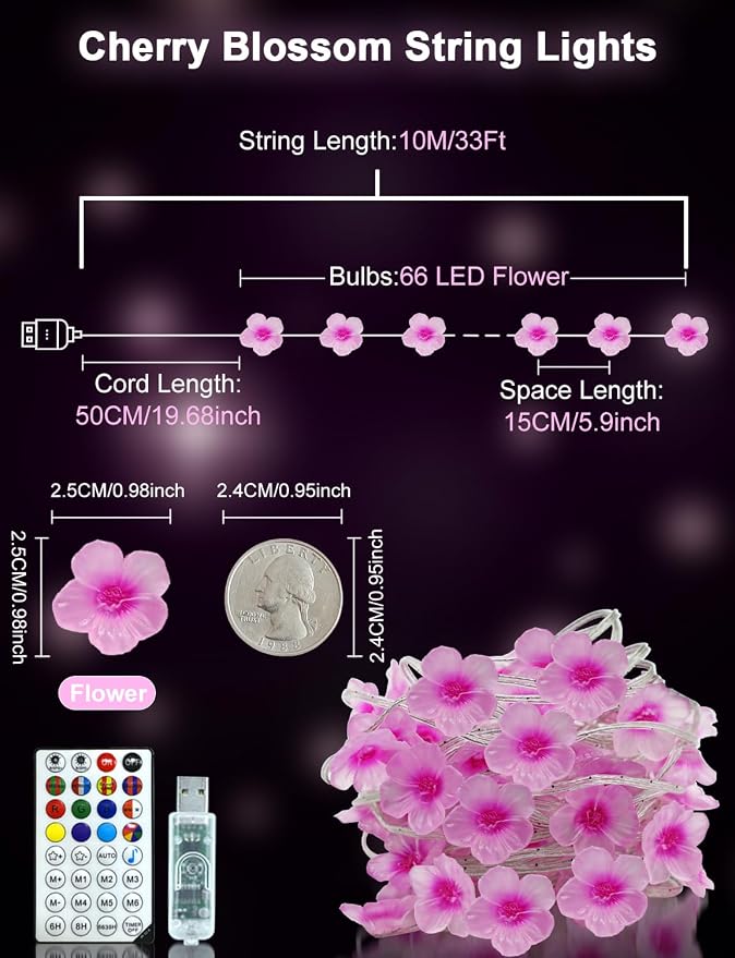 Cherry Blossom Flower String Lights Color Chaning Fairy Lights APP Control | 33Ft 66LED, 16 Million Colors, Remote, Music Sync, Timer, Twinkle Lights for Classroom Dorm Christmas Gift Decor, USB Plug