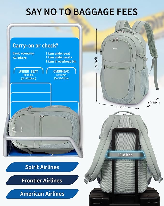 ECOHUB Travel Backpack for Women, 17.3 inch Suspended Laptop Backpack, Fashion Water-Resistant College Computer Bookbag, 28L Personal Item Bag with 12 Pockets for Causal, Work, Green