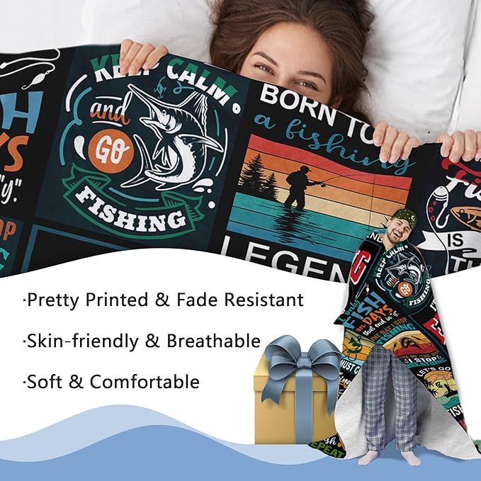 Fishing Gifts for Men Flannel Throw Blanket, Funny Present for Fisherman Hunter Dad Husband Kids Boys Women, Bass Fish Birthday Ideas, Humor Soft Blankets for Bedding Sofa 50"x60"