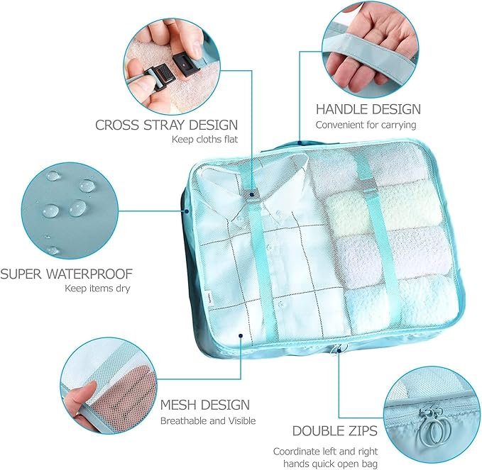 8 Set Packing Cubes for Suitcases Travel Luggage Packing Organizers,Travel Essentials Accessories Luggage Organizer with Shoe Bag Tioletry/Laundry Bag (light blue)