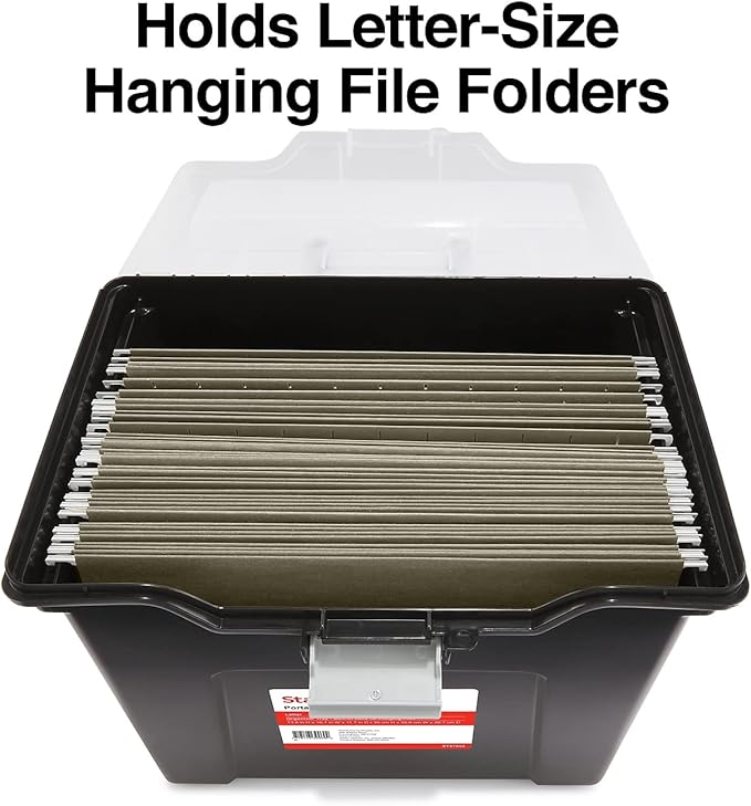 STAPLES File Folder Tote, Portable Filing Box for Letter SIze Hanging Folders, Security Latch & Built-In Lid Organizer, Black/Clear