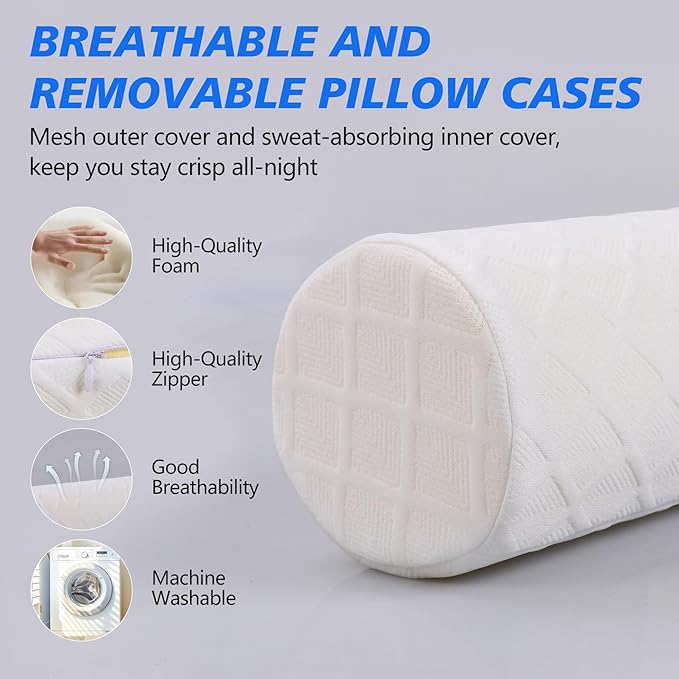 Cozyhealth Cervical Roll Pillow, Medium Soft Memory Foam Neck Round Pillow Cylinder Bolster Pillow for Sleeping, Round Neck Support for Bed, Legs, Back and Yoga (White, Large - 4.7" H)