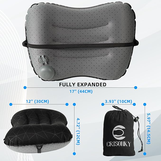 Camping Pillow with Built in Pump - Inflatable Pillow - Travel Pillows for Backpacking & Airplane, Lumbar Support Blow Up Compressible Pillow (Black (with Pump))