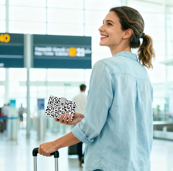 Passport Holder, Travel Wallet Cover with Pen Loop | Cute RFID Blocking Leather Case with Magnetic Closure for Travel Essentials-Leopard