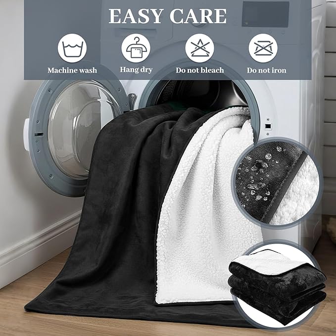 Waterproof Blanket and Stain Proof, Queen Size 80'' x 60'' Double Side Leakproof Reversible Sherpa Flannel Fleece 3 Layer Lightweight Black Blanket, Absorbs 50oz