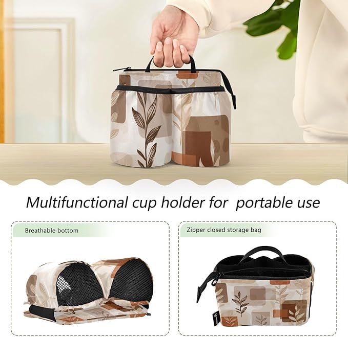 Luggage Cup Holder for Suitcases Free Hands Travel Cup Holder Portable Suitcase Cup Drink Holder Luggage Cup Caddy Bag Carrier Light Brown Boho Leaves