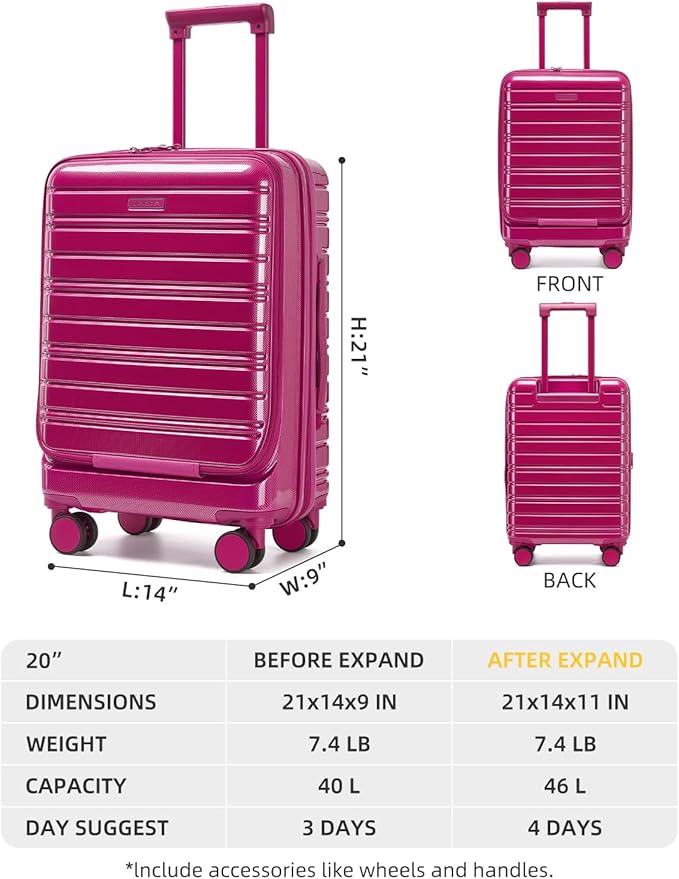 LARVENDER Carry On Luggage 22x14x9 Airline Approved, 20 Inch Expandable PC+ABS Hardside Carry On Luggage with Front Pocket Spinner Wheels TSA Lock for Women Men (Very Berry)